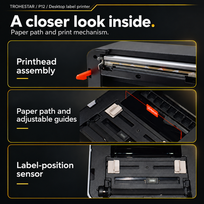 TROHESTAR P12 desktop label printer — original printhead assembly, paper guides and label-position sensor