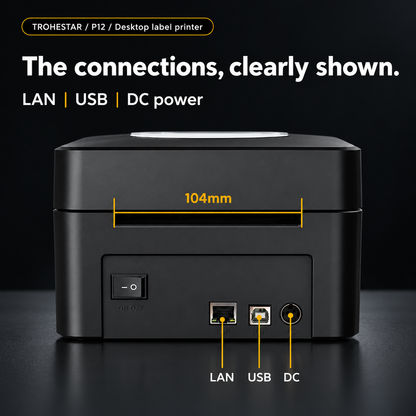 TROHESTAR P12 desktop label printer — original LAN, USB-B and DC connections with 104 mm rear feed slot