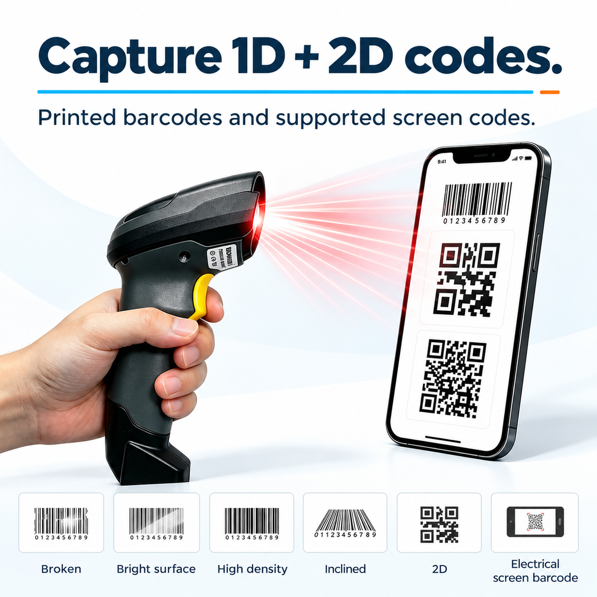 TROHESTAR N7 scanner only — 1D and 2D barcode capture examples