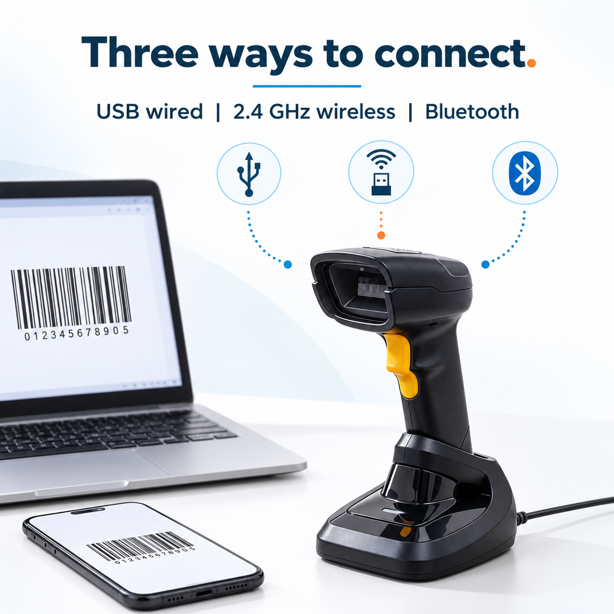 TROHESTAR N7 Scanner + Dock kit — USB wired, 2.4 GHz wireless and Bluetooth connections