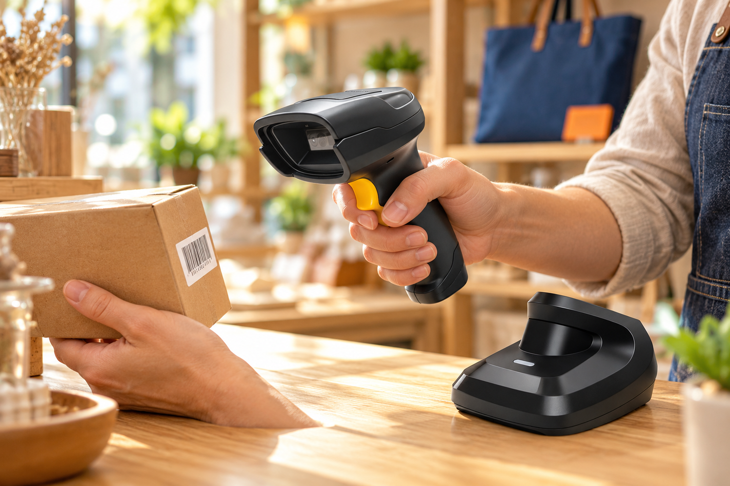 A shop worker using the N7 scanner beside its dock to scan a parcel