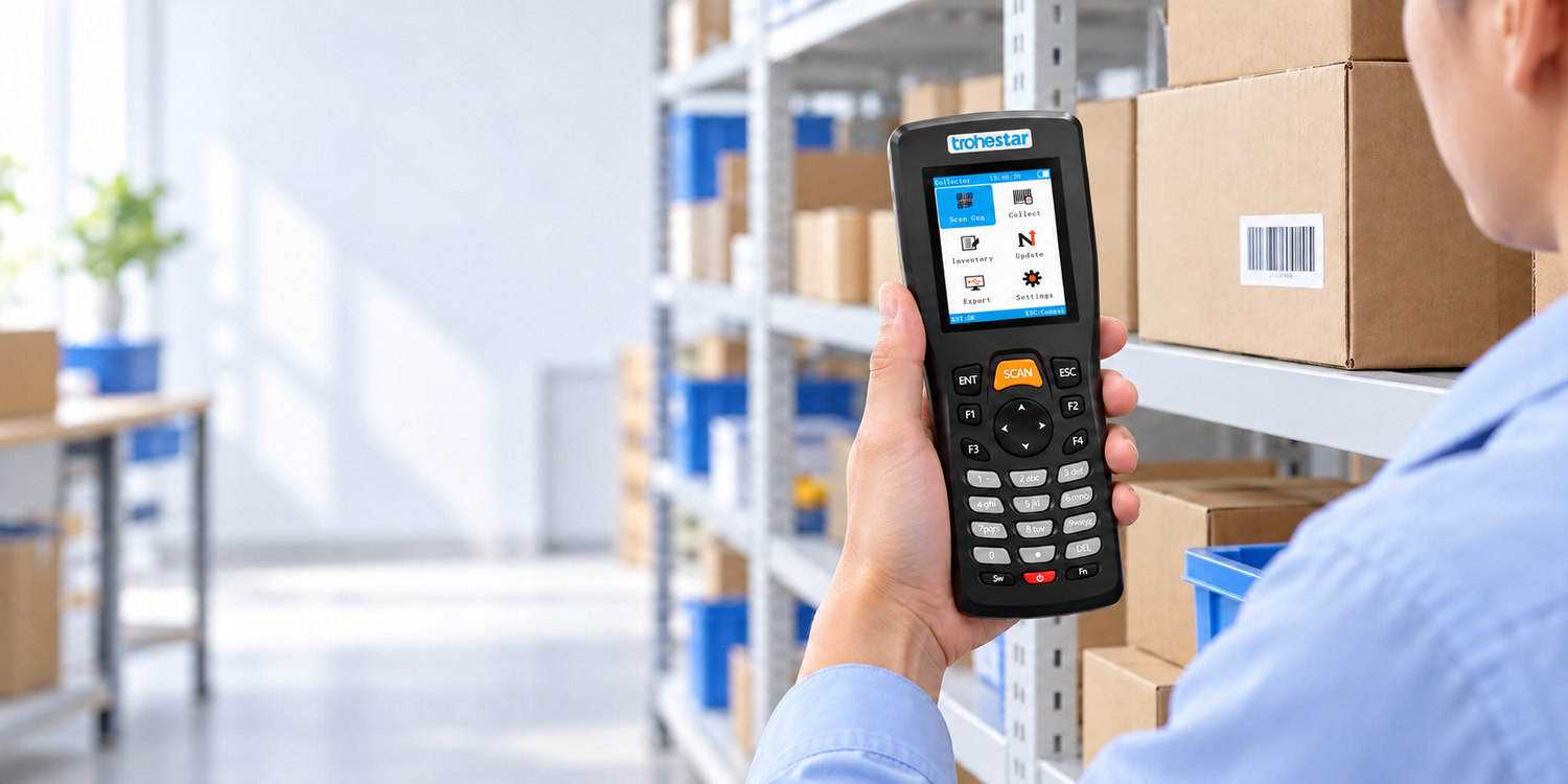 A worker holding the TROHESTAR N5 data collector beside labelled cartons and blue storage totes in a bright stockroom