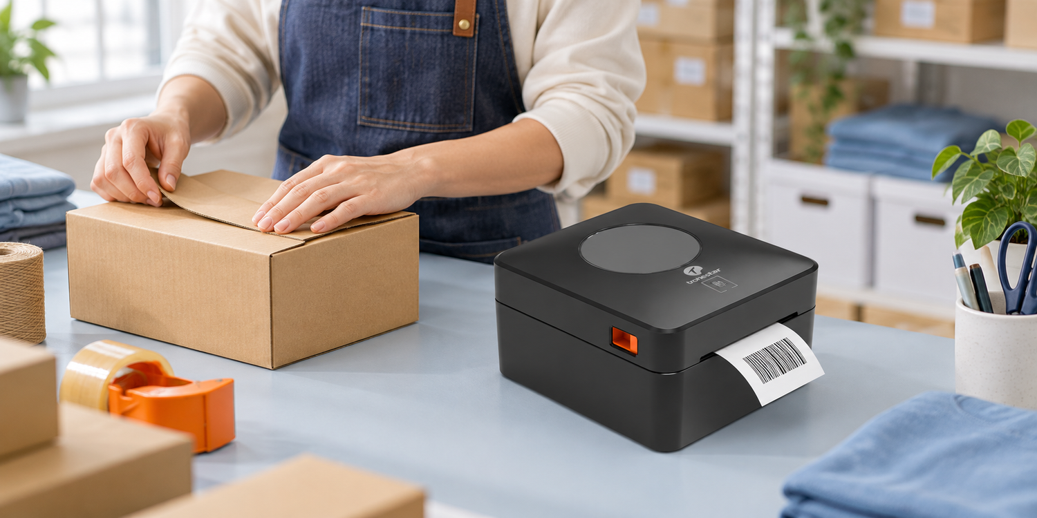 The TROHESTAR P12 label printer at a bright packing table while a worker prepares a kraft carton