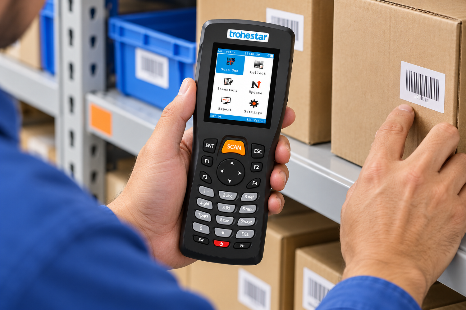 A worker checking a stock shelf with the N5 screen-and-keypad data collector
