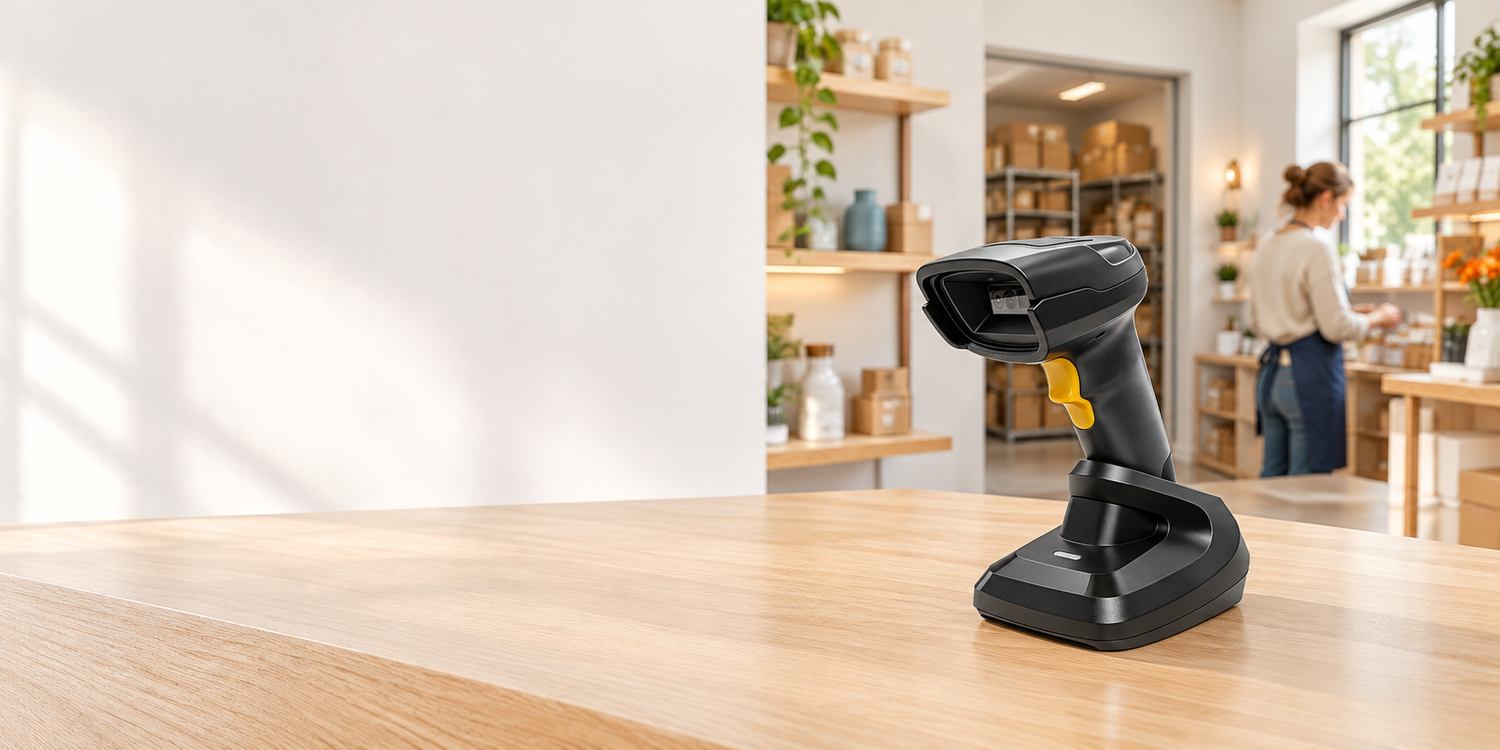 TROHESTAR N7 scanner and desktop dock on a sunlit shop counter