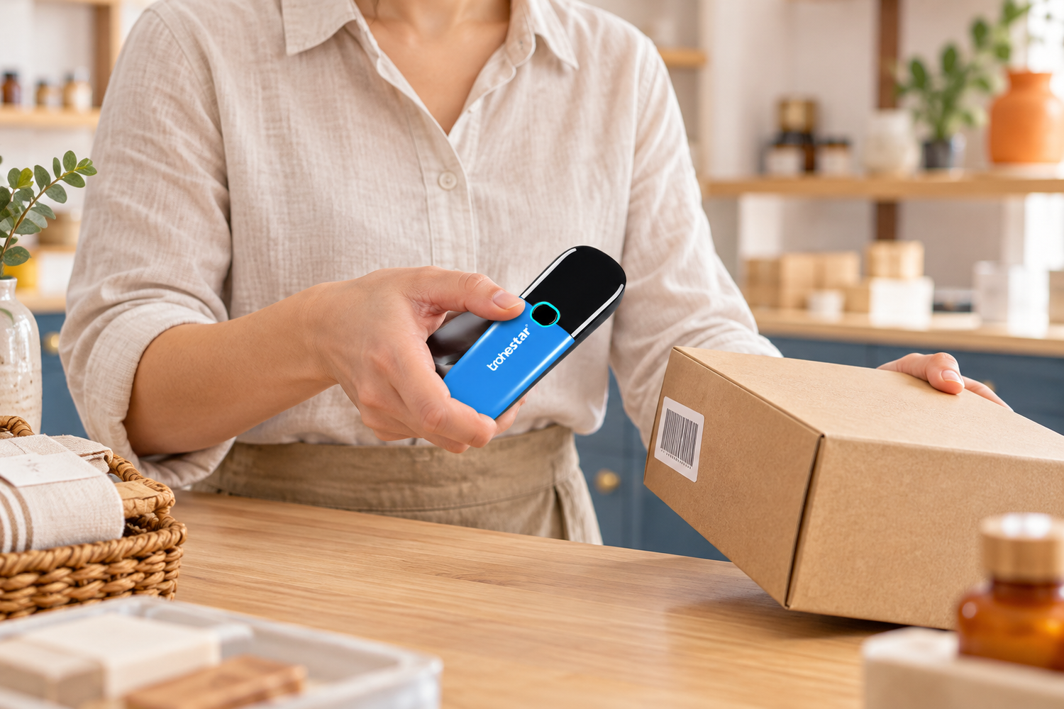 A shopkeeper holding the blue TROHESTAR N3 pocket scanner near a carton barcode at a light oak shop counter